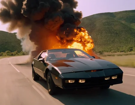 kitt1984 driving through a big explosion, on fire, cinematic, action <lora:kitt1984XL:0.7>