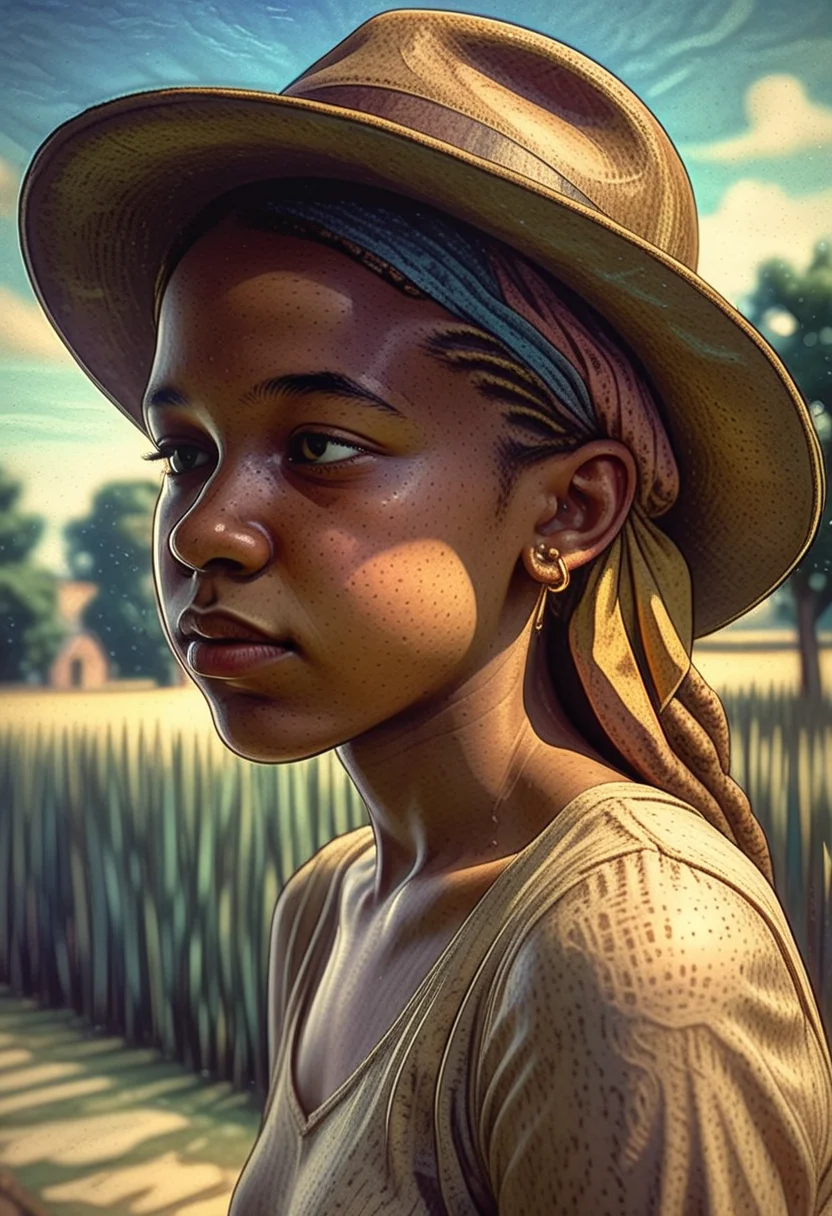 <lora:harlem_renaissance_sdxl_v1:0.8>, harlem_renaissance, a young girl with a hat and lights in her hair, looking into the distance of the camera, with a blue sky in the background, glossy paper, iso150, 35mm, score_9, score_8_up, score_7_up, intricate details, Hyperrealism style, 3d, concept-art,dreaminess, psychedelic, shallow-depth-of-field applied,, cinematic lighting, soft bokeh, very beautiful composition, Unreal, real-time 3D, Epic Games style, Unreal Engine style, 3d-rendering, vibrant contrast depth and shadow enhanced using (Gaussian blur) for a soft background focus, (sharpen filter) (color grading) to enhance contrast between warm and cool tones, (noise reduction) for a smooth, clean finish, , (HDR toning) used for extra depth and detail, highly detailed dreamy background detailed skin texture, subsurface scattering award-winning, professional, highly detailed . dreamlike, mysterious, provocative, symbolic, intricate, detailed, hyper-detailed, masterpiece, award winning, midjourneyv6.1