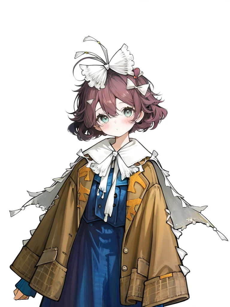 1girl,solo,flutterpage,looking at viewer,simple background,white background,,cowboy shot,white bow,brown jacket,blush,blue skirt,blue dress,shirt,<lora:flutterpage-000015:0.8>, masterpiece, best quality, very aesthetic, absurdres