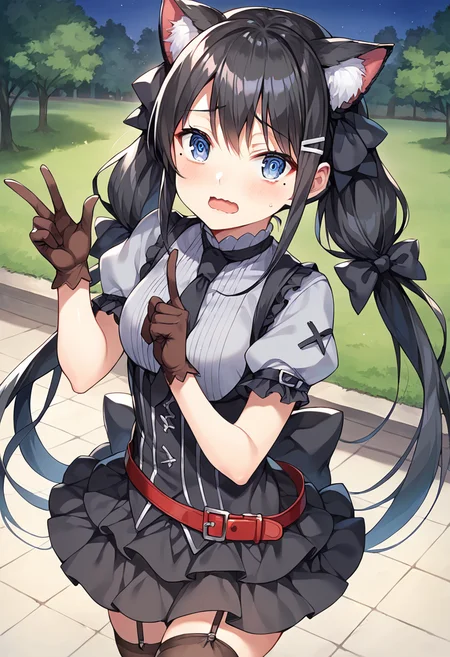 score_9,score_8_up,score_7_up,source_anime,masterpiece,best quality,game cg,1girl,solo,park,(night:1.1),finger_to_cheek,shimotsuki_rin,blue eyes,@ @,black hair,long hair,mole left under eye,cat ears,twintails,black hair bow,grey shirt,black necktie,short sleeves,puffy short sleeves,gloves,skirt,thighhighs,garter straps,red belt,<lora:HBSrin>,looking_at_viewer,embarrass,standing,blush,open mouth,index_finger_raised,wavy_mouth,