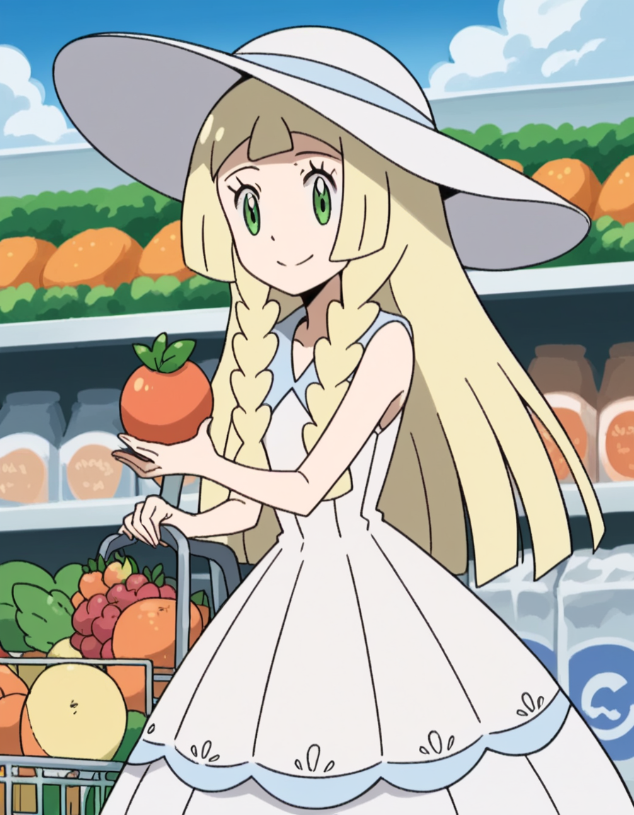 score_9, score_8_up, score_7_up, source_anime, <lora:pokemon-lilie-anime-ponyxl-lora-nochekaiser:1>, lillie \(pokemon\), blonde hair, blunt bangs, green eyes, long hair,, braid, collared dress, dress, hat, sleeveless, sleeveless dress, sun hat, sundress, twin braids, white dress, white headwear,, grocery store, shopping cart, picking fruits, everyday life,, smile, looking at viewer, solo,, cowboy shot, dutch angle