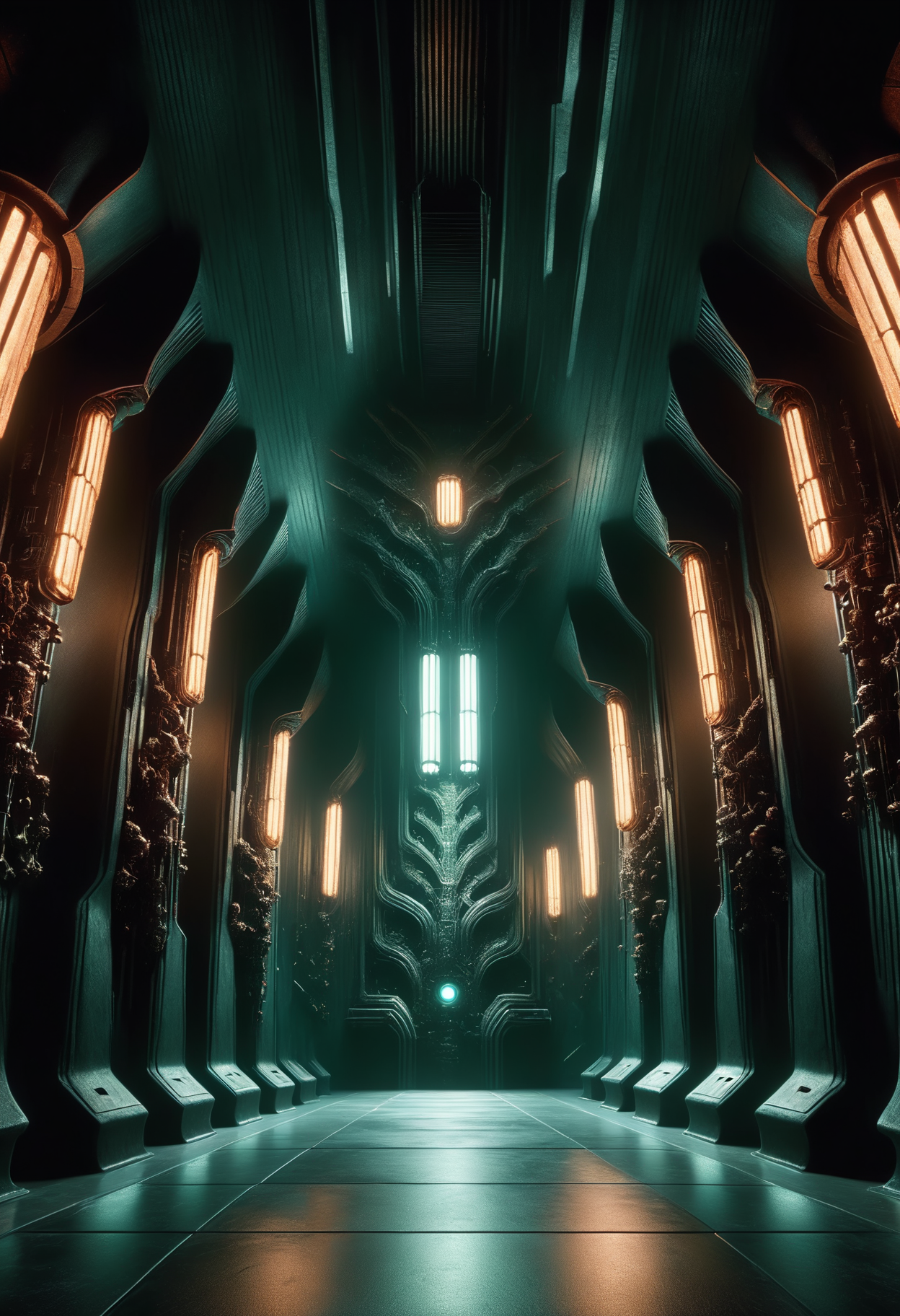 quantum particle accelerator lab, terracotta,onyx stone,metal roofing sheets, bio-luminescent algae, moving head lights,DonM3v1lM4dn355XL  <lora:DonM3v1lM4dn355XL-000010:1.2>