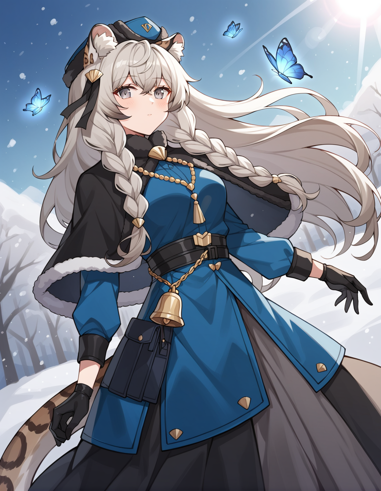 score_9, score_8_up, score_7_up, source_anime, rating_explicit, BREAK <lora:arkPramanix_XL-Pony_LoRA-C3Lier_16-16-8-8_AdamW_Un3e-4_Te1.5e-4_10batch:1>, pramanix \(caster's frost\) \(arknights\), 1girl, grey hair, long hair, very long hair, twin braids, grey eyes, leopard ears, animal ear fluff, leopard tail, medium breasts, official alternate costume, blue headwear, hair ornament, necklace, jewelry, blue coat, long sleeves, black capelet, fur-trimmed capelet, black gloves, bell, belt, black skirt, long skirt, pantyhose, dutch angle, expressionless, blush, floating hair, floating, looking at viewer, facing viewer, light particles, light rays, aura, wind, glowing butterfly, snow, snowing, forest, mountainous horizon