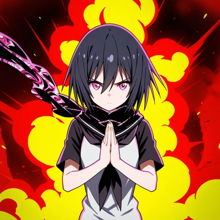 1girl,solo,full body,<lora:IL_aisatsu_meme:1>,nin_sly,aisatsu,own hands together,explosions,
focused,serious,
<lora:Unfazed - Illustrious character enhancer:0.5>,elbows up,silhouette,<lora:IL_Yamoto_Koki:1>,nin_sly_k,yamoto koki /(ikusa/),
pink eyes,short hair,black hair,serafuku,scarf,upper body,, masterpiece,best quality,amazing quality,very aesthetic,absurdres,
