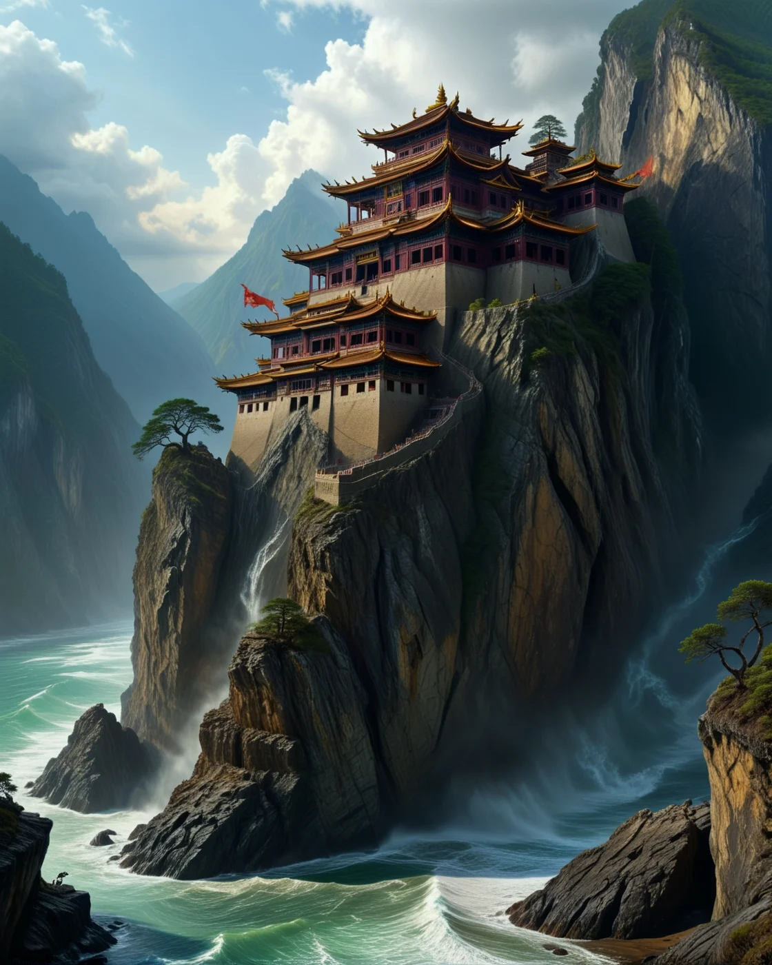 dark fantasy Bhutanese dzongs perched on cloud-wrapped cliffs, dragon banners snapping,Coastal morning: Kelvin-Helmholtz waves rolling in razor-edged formation,
random character in landcscape,
<lora:ral-dark-fantasy-il:0.8>,mythology,
<lora:extremely_detailed:4> extremely detailed,
<lora:add-detail-xl:1.1>,
detailxl