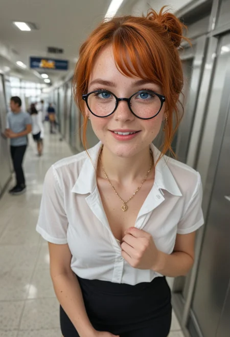 Cute 21 year old woman, hourglass figure, orange hair in a single tight bun with side bangs, cute black plastic square frame glasses, bright blue eyes, medium breasts, round ass, heavy freckles on face, diamond stud earrings, gold chain necklace with ruby pendant, ruby belly button piercing, wearing white short sleeve dress shirt with collar, tight black mini skirt, holding a table, standing by an elevator, happy look