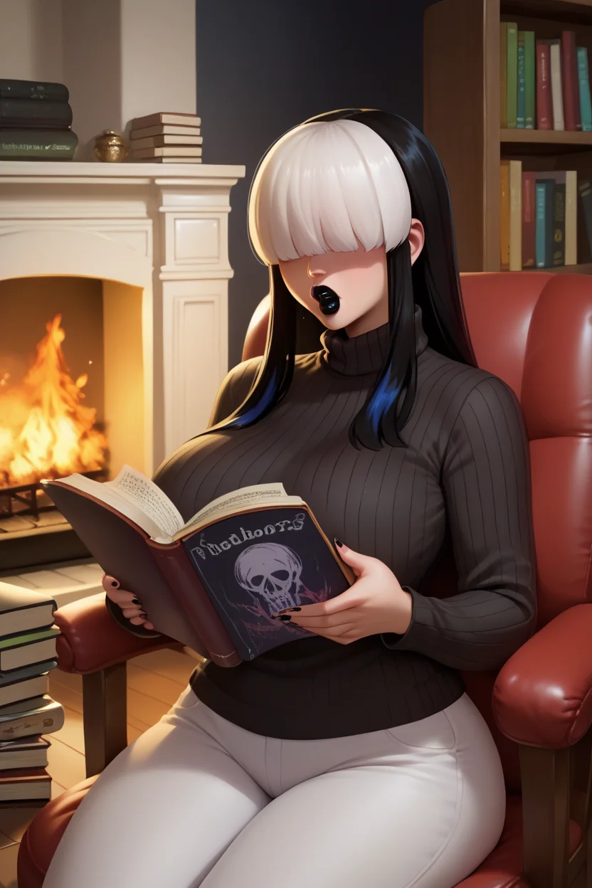score_9, score_8_up, score_7_up, score_6_up, source_anime, BREAK 1girl <lora:gothmom-pdxl-nvwls-v1:1> gothmom, multicolored hair, hair over eyes, black lipstick, black turtleneck sweater, cable-knit sweater, reading book, bookshelf, chair, fireplace, sitting, white pants