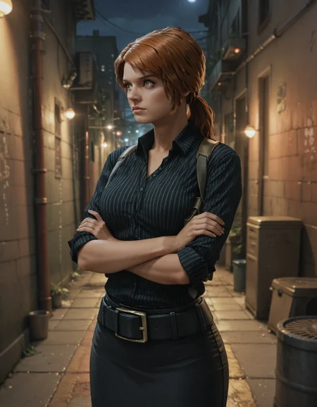 score_9,  score_8_up, score_7_up, <lora:grmsdttr-xl-v1-32-10:1> photo of grmsdttr, red hair, ponytail, brown eyes, black striped shirt, black skirt, wide belt, holster,
1girl, solo, crossed arms, looking to the side, alley, night