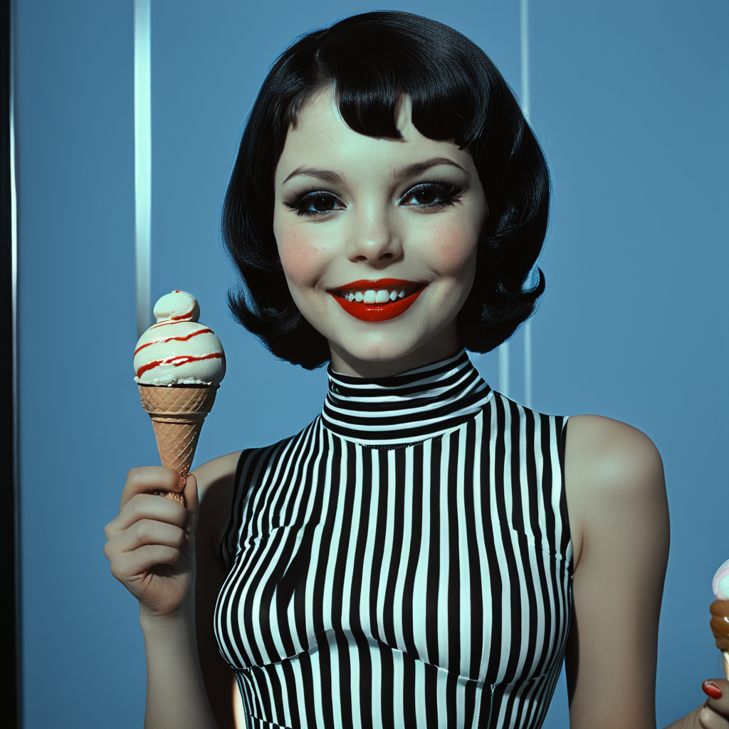 <lora:Abstract_Retro_Future_MovieSDXL:1> ArsMovieStill, Movie still from an abstract retro future movie, The image is a portrait of a young woman with short styled hair. She is wearing a black and white striped dress with a high neckline. The woman is holding an ice cream cone in her hand and is looking directly at the camera with a seductive expression. The background is a blue and black striped pattern. The overall mood of the image is glamorous and provocative., 1girl, solo, food, makeup, ice cream, smile, ice cream cone, lipstick, black hair, red lips