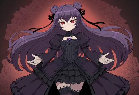 lazypos, anime girl, gothic dress, red eyes, long hair, purple curls, black lace, jeweled theme, elegant pose, thigh-highs, floral background, fantasy style, crystal details, saicastlestyle