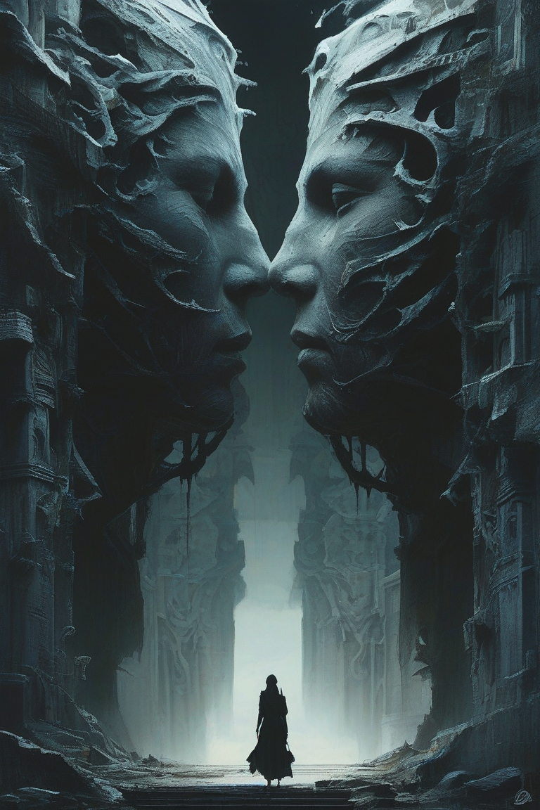 A captivating cinematic poster that masterfully combines elements of painting, portrait photography, and digital art. The central focus is a breathtaking scene of two colossal, intricate walls slowly converging, generating an atmosphere of tension and mystery. The walls are adorned with exquisite carvings and enigmatic symbols, drawing the viewer's eye to unravel their secrets. In the foreground, a figure stands silhouetted against the darkness, their intense expression conveying a sense of depth and intrigue. The overall ambiance of the image is dramatic and thought-provoking, inviting viewers to ponder the narrative hidden within this mesmerizing scene., poster, cinematic, portrait photography, painting