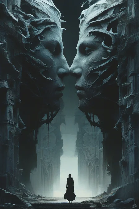 A captivating cinematic poster that masterfully combines elements of painting, portrait photography, and digital art. The central focus is a breathtaking scene of two colossal, intricate walls slowly converging, generating an atmosphere of tension and mystery. The walls are adorned with exquisite carvings and enigmatic symbols, drawing the viewer's eye to unravel their secrets. In the foreground, a figure stands silhouetted against the darkness, their intense expression conveying a sense of depth and intrigue. The overall ambiance of the image is dramatic and thought-provoking, inviting viewers to ponder the narrative hidden within this mesmerizing scene., poster, cinematic, portrait photography, painting