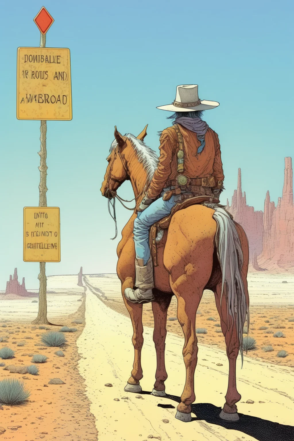 <lora:Moebius (Jean Giraud) Style:1>Moebius (Jean Giraud) Style - a cowboy traveler in a hat sits on a horse in the middle of the desert and looks at a road sign telling of a fork in the road