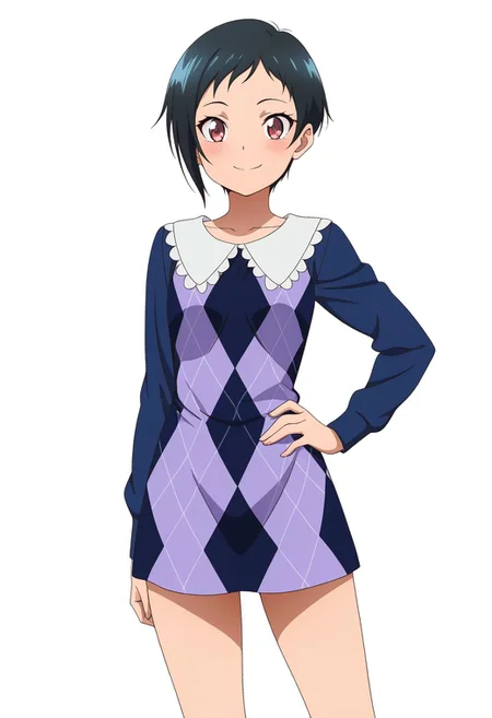 masterpiece, best quality, amazing quality, anime coloring, anime screencap, 1girl, solo, very short hair, black hair, smile, hand on own hip,  simple background, white background,  argyle dress,