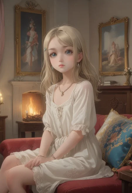 score_9, score_8_up, score_7_up, masterpiece, best quality, highly detailed, (masterpiece, best quality, highly detailed), very detailed face, hyperrealistic, (UHD quality details), beautiful face,
Sitting on luxurious sofa,
1 girl, legal age, young, petite, flat chest, small breast,
Luxurious earings, necklace, Bracelet,
1girl, solo, long hair, Blonde hair, blue eyes, hair clip,
Sitting on luxurious sofa,
Luxurious dining room, chateau, fireplace, fire in the fireplace, chandeliers, candles, window, carpet, curtains, paintings on the walls, table, sofa, 
Cowboy shot,  Dynamic move, Moving,
Working, 
Side view