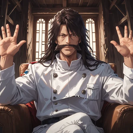score_9, score_8_up, score_7_up, score_6_up, score_5_up, score_4_up, masterpiece, high quality, detailed
1man, long black hair, dark brown hair, huge mustache, pronounced cheekbones, long nose, thin eyebrows, white boots, brown eyes, maroon-black cloak, broad chin, white uniform, close-up, upper body, <lora:yhwach:1> looking to the side, mysterious, Wrecked village, walking, broken, destroyed houses <lora:ScorseseCinemaMeme_PXL_Leaf2:1> ScorseseCinemaMeme, on chair, sitting, hands up, crossed legs,