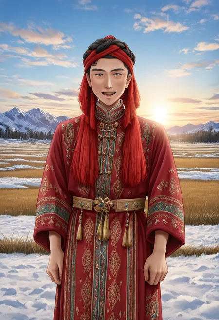 Khampa Tibetan Red Headknots
wearing Red Headknots,solo,1 handsome young man,,1 tibetan boy,happy,looking at the viewer
anime screencap,tibetan dress, looking at viewer,grassland,sun,meadow,cloudy sky,blue sky,winter,snow