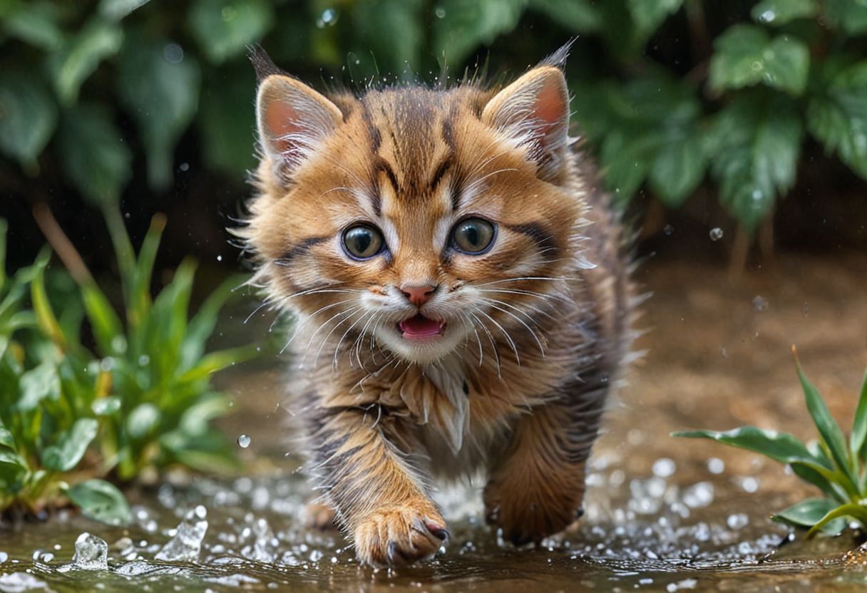 tiny kitten realistic, wet nose, bristling fur, pose in stalking to catch a small mouse