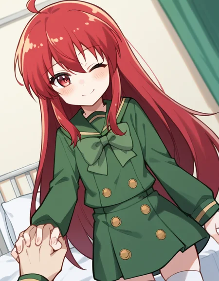 score_9, score_8_up, score_7_up, source_anime, <lora:shakugan-no-shana-s3-ponyxl-lora-nochekaiser:1>, shana, long hair, red hair, red eyes, ahoge, sidelocks,, school uniform, serafuku, green serafuku, bowtie, green bowtie, green shirt, green sailor collar, long sleeves, green skirt, buttons, thighhighs,, infirmary, bed, medical supplies, nurse, first aid, , <lora:guided-hand-on-cheek-ponyxl-lora-nochekaiser:1>, guided hand on cheek, hand grab, hand on another's cheek, hand on another's face, looking at viewer, pov, pov hands, smile, blush, one eye closed, caress, caressing cheek, looking at viewer, solo,, dutch angle, cowboy shot