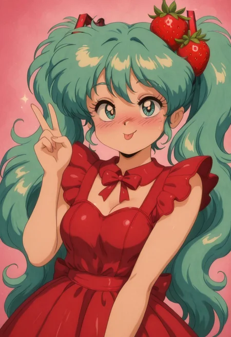 masterpiece, best quality,
(LARGE STRAWBERRIES),
1girl, solo, hatsune miku \(cosplay\), short twintails, wavy hair, smile, blush, retro artstyle, v, tongue, strbrry, red dress, strbrry dress,
upper body,