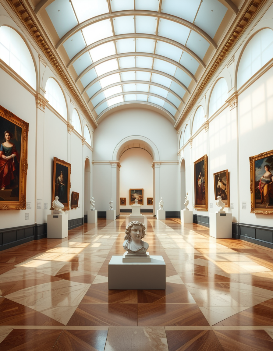 A high-resolution photograph of the interior of a grand art museum, featuring vast halls with high ceilings, intricate architectural details, and polished marble floors. The museum is illuminated by soft, natural light filtering through large arched windows, casting gentle shadows on the walls adorned with classical and modern paintings in ornate golden frames. In the center, a marble sculpture stands on a pedestal, surrounded by velvet ropes. Visitors walk around, some admiring the artwork, others engaged in quiet discussions. The atmosphere is serene and intellectual, with a warm color palette of beige, gold, and deep reds enhancing the elegance of the scene. The perspective is wide-angle, capturing the depth and scale of the museum, evoking a sense of awe and admiration.
<lora:SDXLFaeTastic2400:0.4> <lora:extremely_detailed:0.4> extremely detailed, <lora:art_mus3um:1>,art mus3um, Masterpiece,best quality,hi res,8k,hi res,8k,award winning,(sharp focus, intricate, highly detailed),