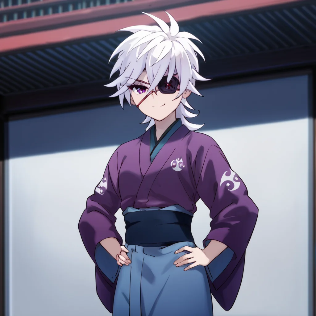 score_9, score_8_up, score_7_up, score_6_up, score_5_up, score_4_up, source_anime, , Oboro, purple eyes, white hair, japanese clothes, eyepatch, small breasts, japanese clothes, , soft smile, standing, hands on hips