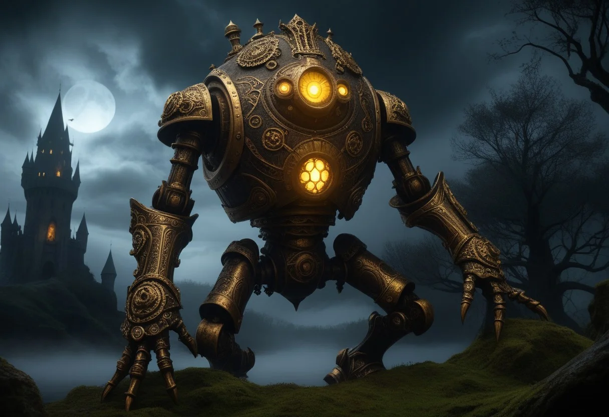giant bipedal robot brass and dark yellow paint, bronze paisley robot. lacy robot metal. crawdad helmet head. outside of a steampunk keep. large detailed torso. dark image. one forty foot tall ancient robot with great arms and two heavy spring legs. dark foggy night background. $dark foggy night image only. dark photo realistic image. steampunk details. cogs, chains and pipes incorporated in the fantasy buildings. magic wizards tower in background. Dark swamp, moss, castle ruins, wizards tower. stormy dark night.  stormy sky. spooky trees
