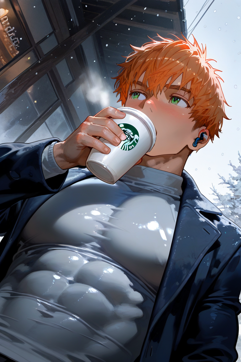 looking away, expressive manly face, 1boy, NapoliPizzaguy, orange hair, green eyes, short hair, manly, muscular, bara, covered mouth, shiny skin, holding cup of coffee, starbucks cup, drinking, boyfriend cosplay, earphones, tight white turtleneck, covered pecs and abs, black open coat, outdoors snowing, from below, dutch angle, dynamic angle, dynamic action, vignetting, vignette, dark environment,  dynamic action, dynamic angle, masterpiece, best quality, amazing quality, very aesthetic, absurdres, newest, very awa,