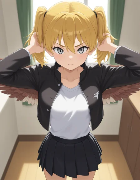 masterpiece, best quality, 1girl, takane-chan, twintails, black jacket, cropped jacket, open jacket, adjusting hair, white shirt, black miniskirt, pleated skirt, frown, standing, indoors