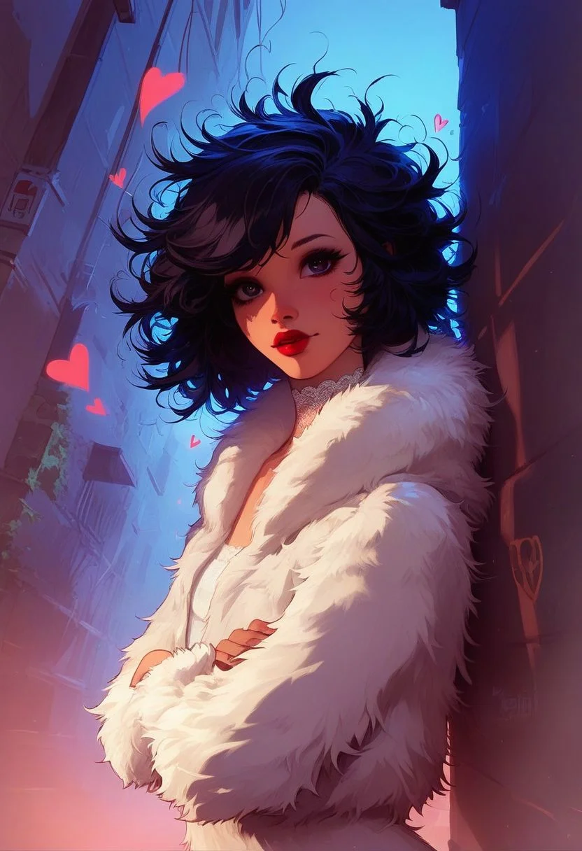 score_9, score_8_up, score_7_up, 
a sexy girl in short fur boa, ((short fluffy coat)), ((fur sleeves)), lace high heels, white lace choker,
short black hair, ((messy hair)), 
dark alley, bright colors, twillings, 
prefect face, cute on face, flirting eyes, worried look on face, small red lipstick, lips parted, 
long and slender body, long legs,
semi realistic, floating neon hearts, Expressiveh, D4rC0m, ral-fluff, 
portrait, 
crossed arms, pinup pose, dutch angle, side view
BREAK