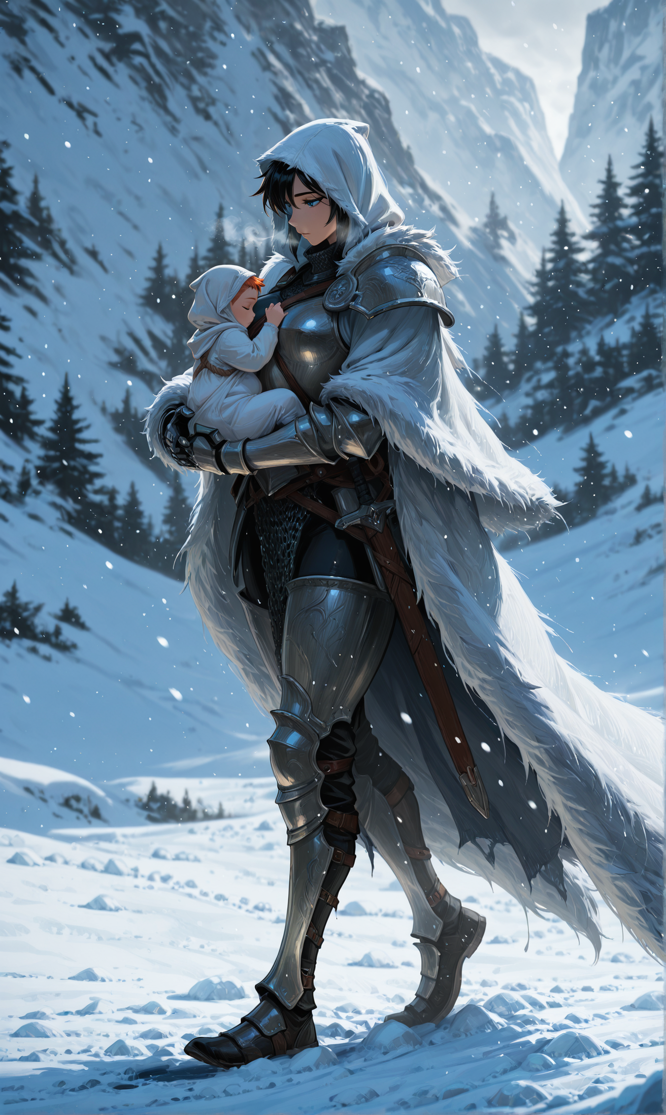 masterpiece, best quality, amazing quality, [from side::2], 1girl, knight, short hair, eyes, full plate armor, heavy fur cloak, pauldrons, breastplate, gauntlets, greaves, cuisses, chainmail, sheathed, hood, (babywearing:1.2), baby in arms, warm covered baby, wrapped in blanket, covered head, outdoors, walking, (snowy mountain pass:1.0), harsh blizzard, strong wind, snow-covered rocks, ice crystals in air, deep snow, footprints in snow, frozen breath, misty background, overcast sky, (dark shadows:0.7), (high contrast:0.7), dynamic pose, volumetric lighting, intricate details, blurry background, depth of field <lora:spo_sdxl_10ep_4k-data_lora_webui:1.0> <lora:illustriousXL_stabilizer_v1.23:0.7000000000000001> <lora:illustrious_quality_modifiers_masterpieces_v1:0.6> <lora:klskx_wai:0.7000000000000001>