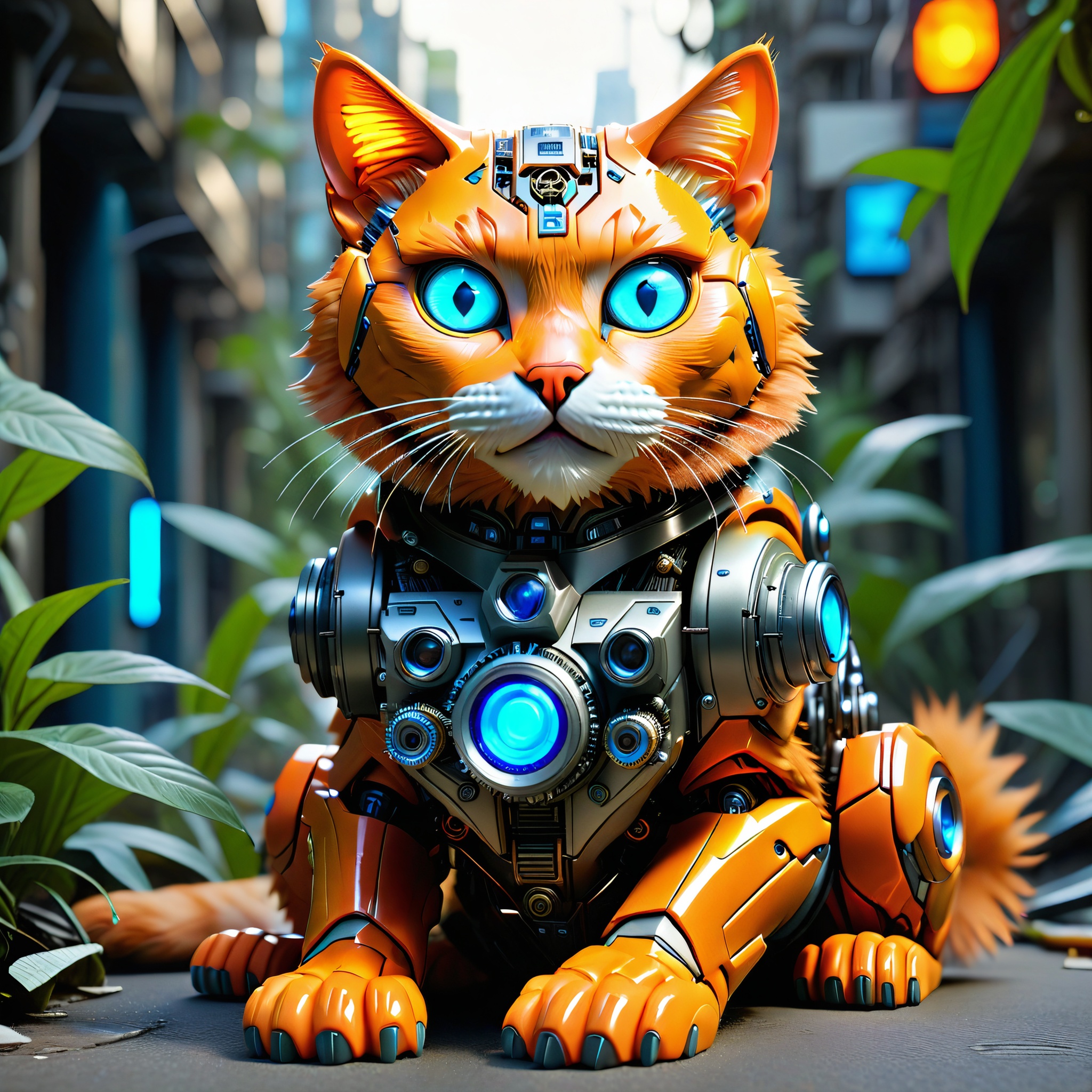 sitting hybrid full bio-mechanical cat with orange plastic fur and blue glowing camera eyes in the streets of a futuristic mega city in the jungle