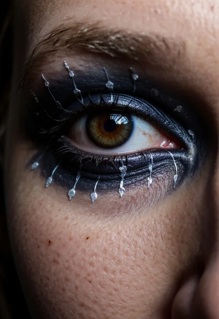 Eyes painted with a celestial map, where constellations are drawn in silver and white across the lids, connected by delicate, glowing lines. Tiny star-shaped rhinestones dot the design, and her lashes are elongated with comet-tail extensions that shimmer. Her irises appear as twin black holes, absorbing light, shot under a starry night simulation with a Hasselblad X1D II 50C, .3fr file, focusing on the cosmic depth and sparkle.
, aidmarealisticskin, aidmaHyperrealism