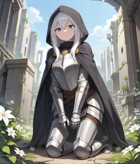 1girl, armor, blue eyes, cape, cloak, dress, flower, hood, kneeling, knight, long hair, looking down, sidelocks, solo, white hair, score_9, best quality, ruins, nature, sky, looking at viewer, diadem,