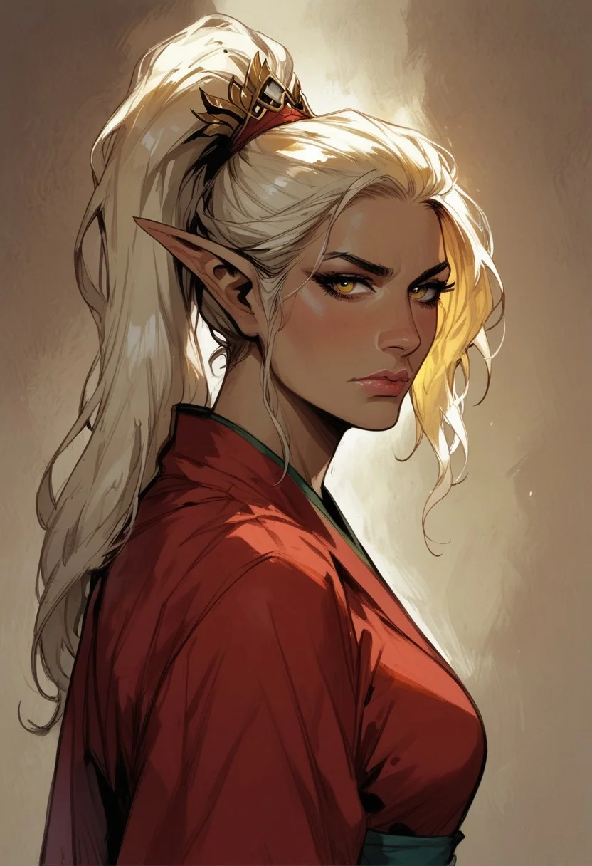 score_9, score_8_up, score_7_up, BREAK,
1girl, mature and imposing, 30 years old, portrait, beautiful, Elf wizard, asian, asian woman, golden colored skin, tanned skin, tanned, sunbathed, sunbathed skin, evil, villain, blonde hair, medium brests, golden eyes, mature, mature woman, long ponytail, single ponytail, side bangs, modest clothing, red fantasy toga, red kimono, closed mouth, arrogant <lora:Fant5yP0ny:0.6> <lora:fantasy_world_pony:0.9>
<lora:Cherry-Gig:0.55>