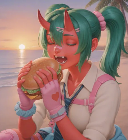 dreampainting, traditional media, realistic, masterpiece, high quality, intricate details,  (closed eyes, portrait, eating burger, teeth, fangs, heart sparkling:1.4), (beach, sunset, golden hour, clouds, palm trees, ocean, sand, :1.6), fortnite_nemia, 1girl, solo, green hair, twintails, ponytail, long hair, bangs, hair between eyes, hair over one eye, ears, horns, oni horns, single horn, red skin, pink skin, blue eyes, parted lips, bandaid, fangs, teeth, breasts, shirt, school uniform, necktie, plaid skirt, thighhighs, socks, loose socks, boots, jewelry, earrings, bracelet, charm, belt, gloves, fingerless gloves, knee pads, leg warmers, collarbone, solo, colored skin, hair ornament, hairclip, scrunchie, holster, striped necktie, clothes around waist, oni, plaid, charm (object), blue necktie, bag, sweater around waist, animal print, heart, shoes, star (symbol), thigh holster, <lora:Fortnite_Nemia_Demonically_Cute_Set_ILXL_E29_16_DIM:0.8>, <lora:NOOB_vp1_detailer_by_volnovik_v1:2> <lora:Dream Painting [LoRA] - Illustrious-XL v0.1:0.7>