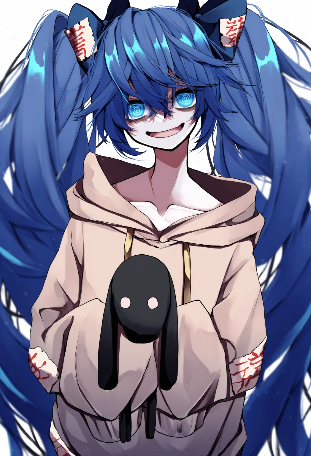 1girl, solo, white background, long hair, yorigami shion, blue eyes, blue hair, hoodie, sleeves past fingers, simple background, hood, stuffed toy, twintails, open mouth, hatsune miku, very long hair, stuffed animal, looking at viewer, sleeves past wrists, collarbone, debt, hair between eyes, hair bow, holding stuffed toy, @_@, smile, bow, grey hoodie, ofuda
,masterpiece,best quality,very aesthetic,absurdres
<lora:ããããã¤ãfornoob:0.95>
