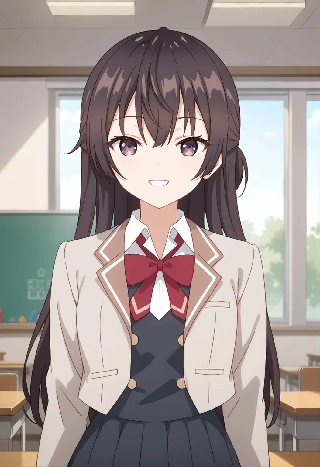 score_9, score_8_up, score_7_up, source_anime, masterpiece, best quality, highly detailed background, cinematic lighting, detailed eyes, detailed pupils, perfect face, Yuki Suou, unique outfit, looking at viewer, cute, smile, upper body, front view, teeth, school, classroom, window, midday
<lora:Yuki_Suou_Pony:0.8>