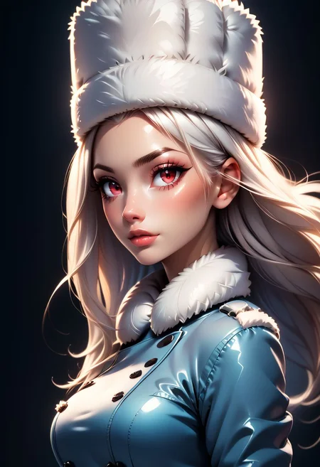 score_9, score_8_up, score_7_up, score_6_up, score_5_up, score_4_up score_9,score_8_up, digital art, upper body shot, realistic 3D illustration,
BREAK,
zzirisviel, white hair, red eyes, long hair, coat, fur hat,
BREAK,
subsurface scattering, soft lighting, contemplative expression, dark background, subtle makeup, high-resolution, detailed texture, emotional depth, dramatic mood, side profile, serene atmosphere, cinematic lighting. perfectly round breasts, big breasts, firm breasts, SkinHairDetail, eye contact