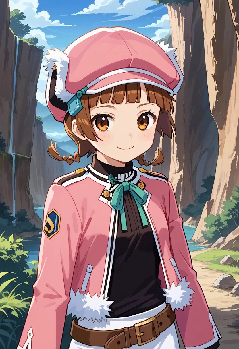 score_8, score_8_up, score_7_up, source_anime, anime screenshot BREAK 1girl, female focus, solo, Rifmonic_scs, cabbie hat, earflap hat, pink hat, twin braids, bangs, blunt bangs, sidelocks, brown hair, pink jacket, open jacket, fur-trimmed jacket, long sleeves, neck ribbon, black shirt, belt, skirt, white skirt, canyon, outdoors, looking at viewer, upper body, straight on, smile