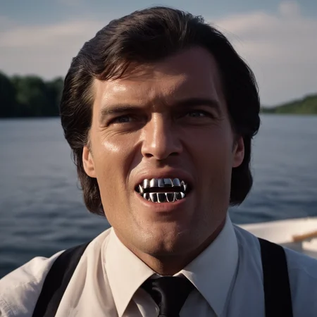 cinematic film still of <lora:James Bond 007 style:0.9> detailed sharp image of
Scary Jaws Richard Kiel metal silver vampire teeth a man in a boat with surprise look,solo,open mouth,shirt,black hair,1boy,male focus,bird,parody,suspenders,realistic,horror (theme),what,fine art parody , dramatic light, dramatic shadow light, contrast, cinematic color, cinematic look, filmic, realistic, realism, perfection, perfect, Kodak, Kodak film, movie still, spy film, action themed, espionage, James Bond style, James Bond film style, 007 style, 007 film style
<lora:vampire teeth v3:0.2>, shallow depth of field, vignette, highly detailed, high budget, bokeh, cinemascope, moody, epic, gorgeous, film grain, grainy