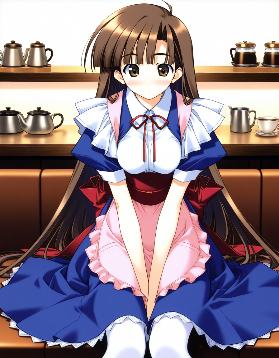general,highres, ultra-detailed,very aesthetic,best quality ,best hands,  BREAK <lora:Mikage_Subaru_IS:1> Mikage_Subaru, 1girl,solo, brown hair, brown eyes, very long hair, bangs, medium breasts,
apron, pantyhose, white pantyhose, sitting, maid, blush, v arms, waitress, red ribbon, pink apron, red sash, blue skirt,
cafe,