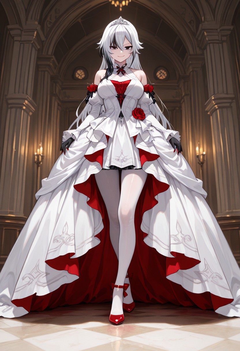masterpiece, best quality, shiny skin, skindentation,
1girl, solo, arlcno, long hair, black eyes, red pupils, symbol-shaped pupils, x-shaped pupils, hair down, long hair, (white hair:1.1), gradient hair, black hair, gradient_skin, black_hands, red fingernails, smirk,
BREAK,
Standing, facing viewer, red heels,
BREAK,
idressw01,red rose,white dress, wedding dress,bare shoulders,tiara,white pantyhose,
BREAK,
castle, interior, luxurious, evil castle, dark castle,
BREAK,