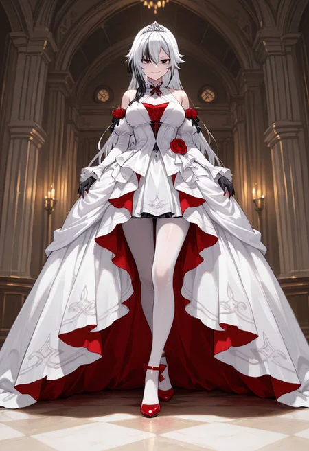 masterpiece, best quality, shiny skin, skindentation,
1girl, solo, arlcno, long hair, black eyes, red pupils, symbol-shaped pupils, x-shaped pupils, hair down, long hair, (white hair:1.1), gradient hair, black hair, gradient_skin, black_hands, red fingernails, smirk,
BREAK,
Standing, facing viewer, red heels,
BREAK,
idressw01,red rose,white dress, wedding dress,bare shoulders,tiara,white pantyhose,
BREAK,
castle, interior, luxurious, evil castle, dark castle,
BREAK,