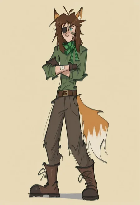 best quality, detailed face, detailed eyes, , ,
by vor sirkov
1boy, animal ears, bandage on face, bandaid, bandaid on face, belt, boots, borrowed character, brown hair, crossed arms, eyepatch, fox boy, fox ears, fox tail, gloves, green eyes, long hair, male focus, scarf, solo, tail