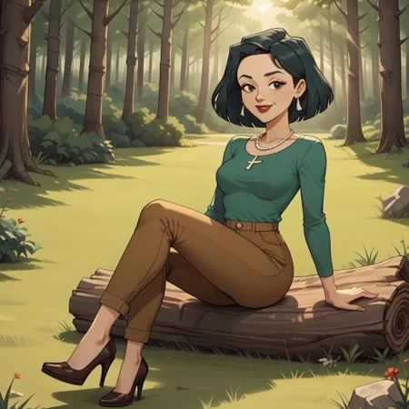 score_9, score_8, BREAK, solo, black hair, black eyes, red lips, lipstick, earrings, necklace, olive green shirt, long sleeves, brown pants, brown high heels, breasts, Heathers_Mother_(Total_Drama), cute, sexy pose, self portrait, smile, outdoors, sunlight, shadows, evening lighting, natural lighting, forest, trees, grass, orange sky, sunset