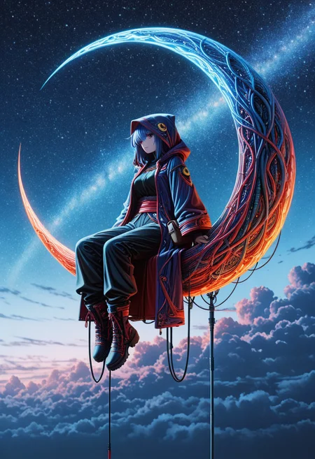 masterpiece, best quality, very aesthetic, absurdres, highres, vivid, artistic, stylized, 8k, hdr, anime coloring, night, crescent, sitting on crescent, starry sky, clouds
wizard, hooded coat, mad-cable, deep-red and purple, sash, closed coat, layered clothing, tailored trousers, boots, staff, tome, pouch,