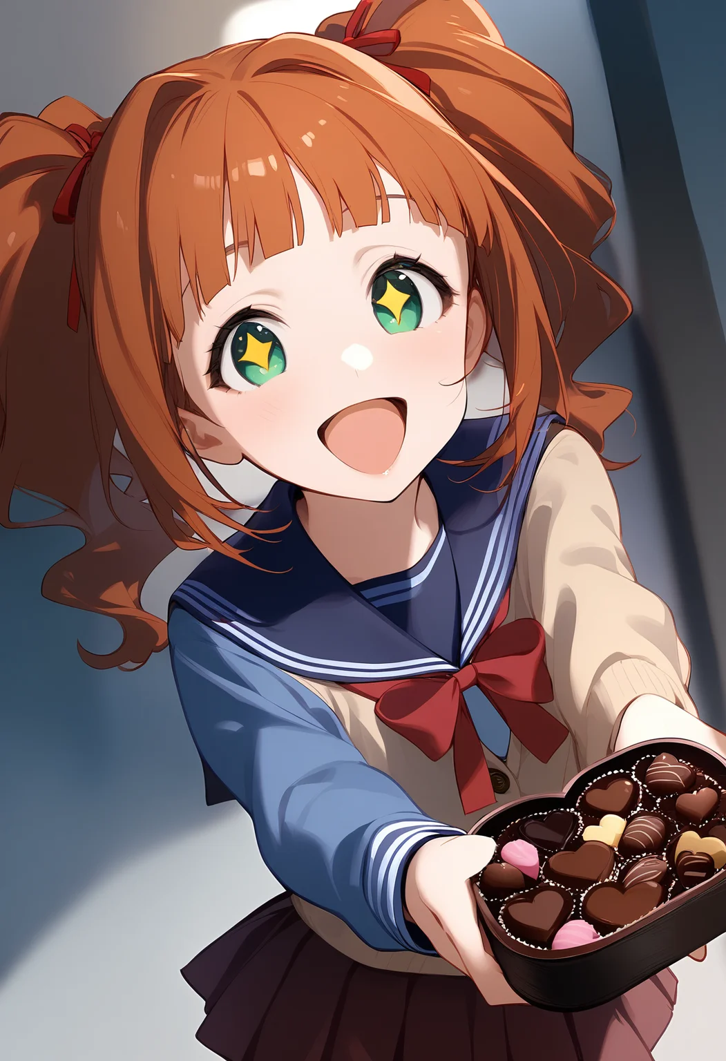 1girl,
takatsuki yayoi,
solo, twintails, blush, smile, skirt, heart-shaped chocolate, sparkling eyes, chocolate, neck ribbon, :d, heart, open mouth, sailor collar, box, cardigan, blue sailor collar, incoming food, green eyes, looking at viewer, long sleeves, candy, school uniform, brown hair, ribbon, giving, holding, blunt bangs, red ribbon, pleated skirt, food, valentine, giving food, holding food,
sfw
<lora:a31_char_new_takatsuki_yayoi:1> <lora:a31_style_koni-000010:0.8>