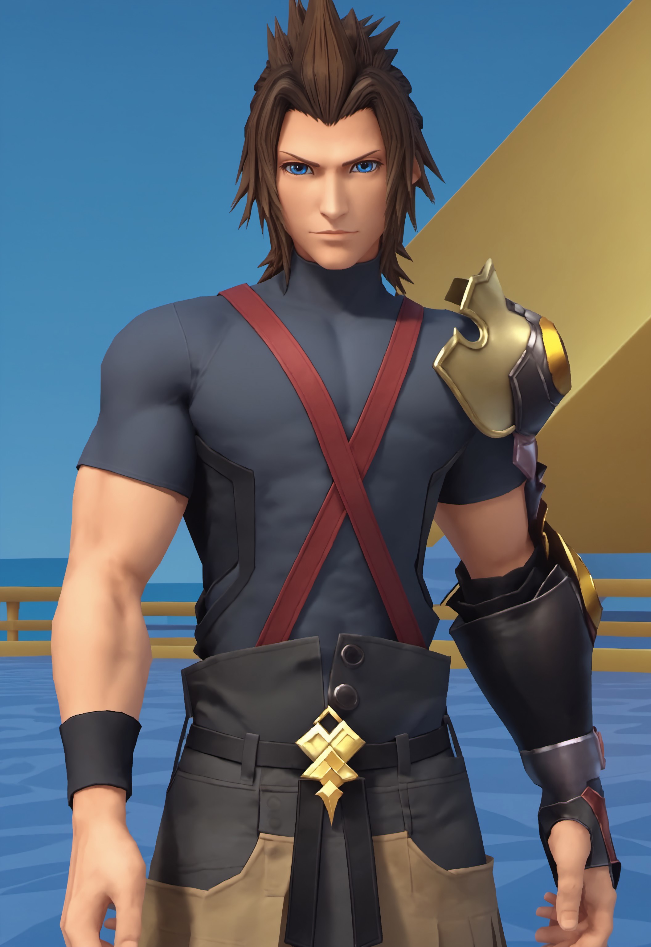 safe_pos, safe_pos, safe_pos, score_9, score_8_up, rating_nsfw, ultra hd, absurdres, best quality, best aesthetic, masculine, solo, 1boy, male focus, perfect proportions, handsome, erotic, alluring, mature male, coloured

KHTerra, brown hair, blue eyes, armor, skirt, spiked hair, shirt, Expressiveh, looking at viewer, Disney Kingdom Hearts background
