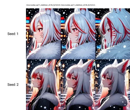 <lora:noobai_ep11_stabilizer_v0.96_fp16:0.8>1girl,fox ears,red eyes,white hair,red hair,long hair,multicolored hair,whisker markings,fur trim,from side,snowing,blurry night street background,masterpiece,